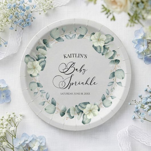 Grüne Eukalyptus-Blätter Botanical Baby Sprinkle Pappteller