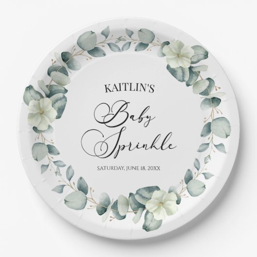 Grüne Eukalyptus-Blätter Botanical Baby Sprinkle Pappteller (Vorderseite)