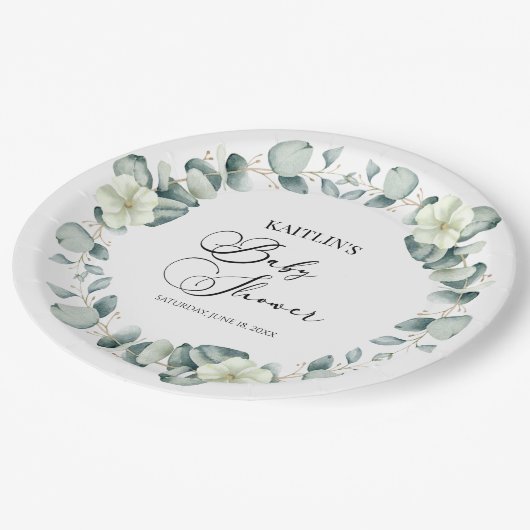 Grüne Eukalyptus-Blätter Botanische Babydusche Pappteller (Schrägansicht)