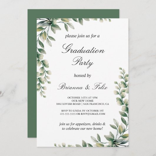 Grüne Eukalyptus-Blätter Botanische Graduierungspa Einladung (Vorne/Hinten)