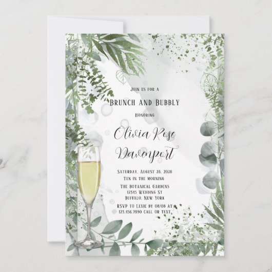 Grüne Eukalyptus-Blätter Brunch und Bubbly Einladung (Vorderseite)