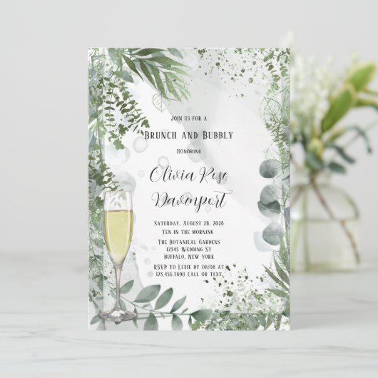 Grüne Eukalyptus-Blätter Brunch und Bubbly Einladung (Stehend Vorderseite)