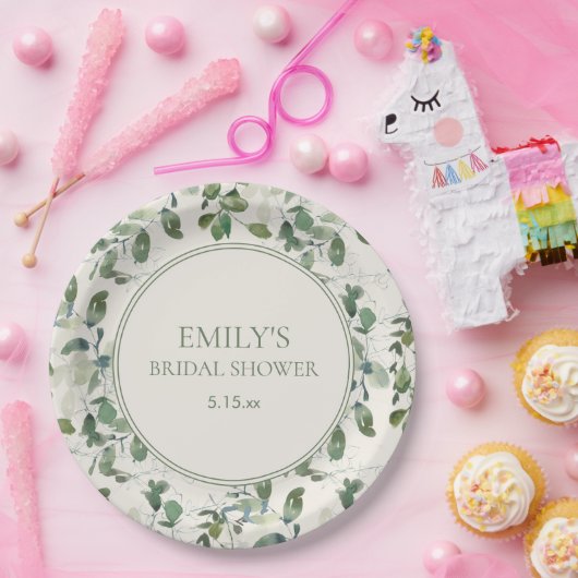 Grüne Eukalyptus-Blätter Creme Brautparty Pappteller (Party)