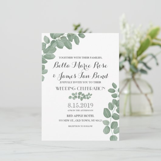 Grüne Eukalyptus-Blätter Einladung Hochzeit (Stehend Vorderseite)