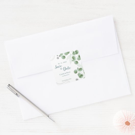 Grüne Eukalyptus-Blätter Hochzeit Sichern Sie das  Quadratischer Aufkleber (Umschlag)