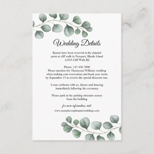 Grüne Eukalyptus-Blätter Hochzeiten Details Begleitkarte (Vorderseite)