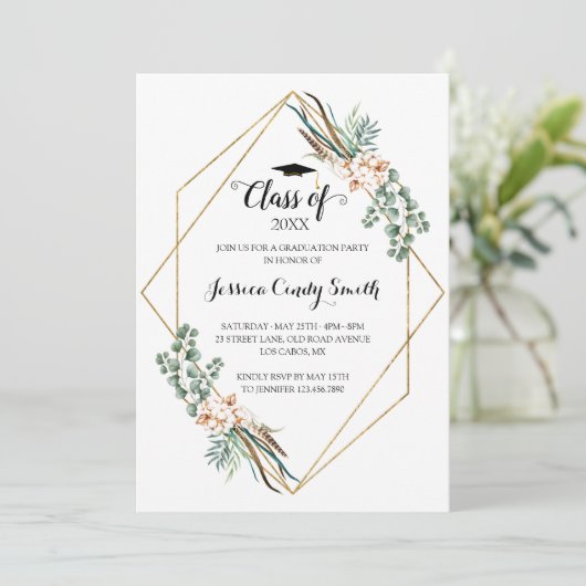 Grüne Eukalyptus-Blätter Rahmen Foto Abschluss Einladung (Stehend Vorderseite)