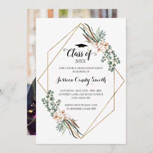 Grüne Eukalyptus-Blätter Rahmen Foto Abschluss Einladung (Vorne/Hinten)