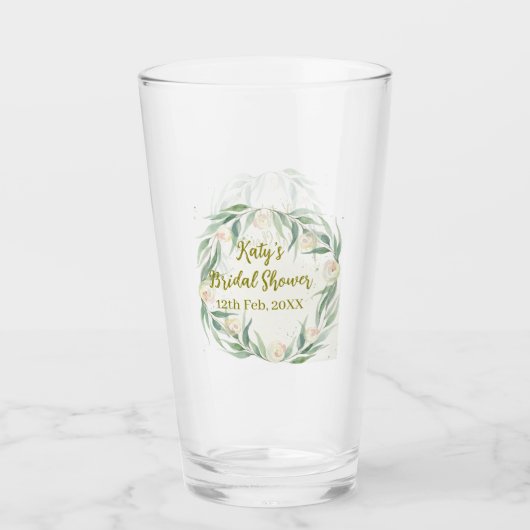 Grüne Eukalyptus-Blumen-Hochzeitsdusche Name Datum Glas (Vorderseite)