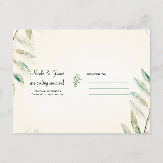 Grüne Eukalyptus Botanische Blätter Save the Date Ankündigungspostkarte (Rückseite)