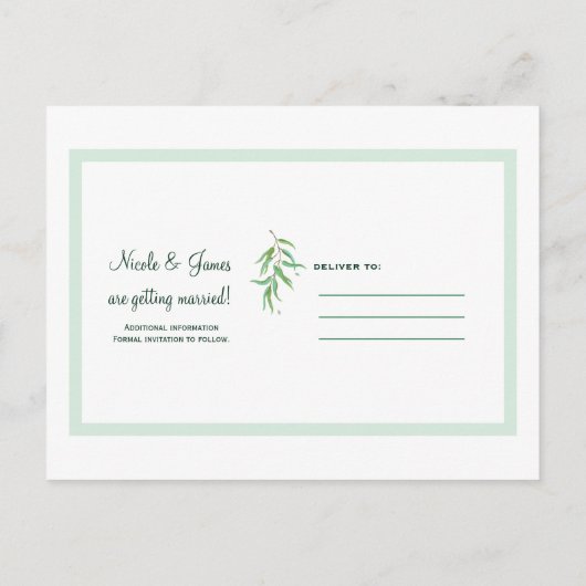 Grüne Eukalyptus Botanische Blätter Save the Date Ankündigungspostkarte (Rückseite)