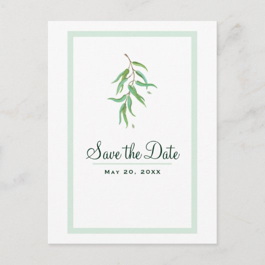 Grüne Eukalyptus Botanische Blätter Save the Date Ankündigungspostkarte (Vorderseite)