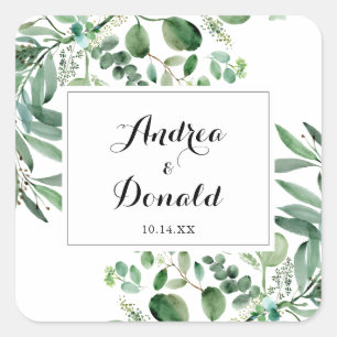 Grüne Eukalyptus-botanische Hochzeitsstipps-Umschl Quadratischer Aufkleber