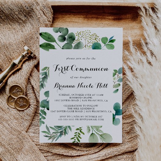 Grüne Eukalyptus Calligraphie Erste Kommunion Einladung