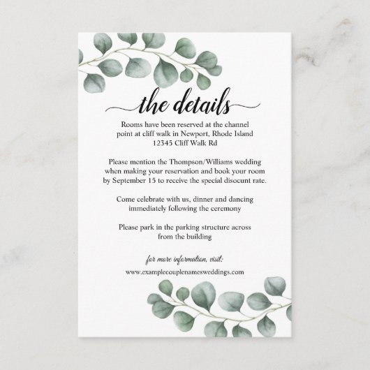 Grüne Eukalyptus Calligraphy Wedding Details Begleitkarte (Vorderseite)
