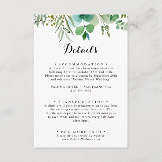 Grüne Eukalyptus Calligraphy Wedding Details Begleitkarte (Vorderseite)