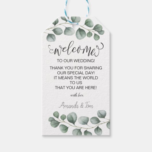 Grüne Eukalyptus Calligraphy Wedding Willkommen Geschenkanhänger (Vorderseite)