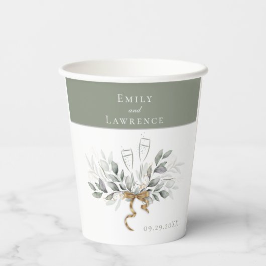 Grüne Eukalyptus Champagner Hochzeitspapiere Cups Pappbecher (Rückseite)