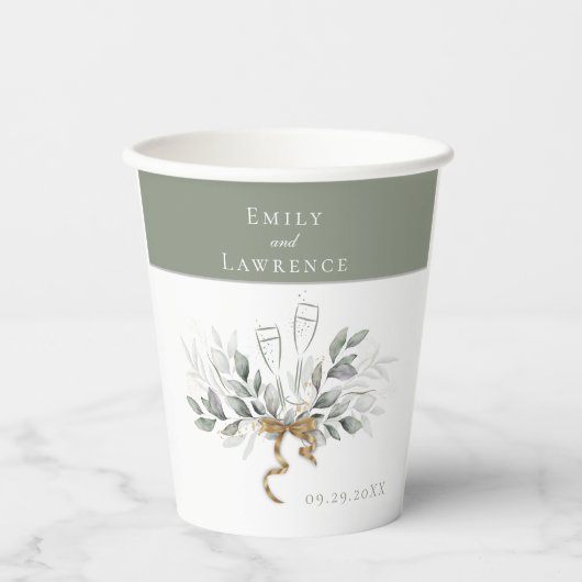 Grüne Eukalyptus Champagner Hochzeitspapiere Cups Pappbecher (Vorderseite)