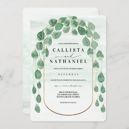 Grüne Eukalyptus Garland Goldenes Oval Einladung (Vorne/Hinten)