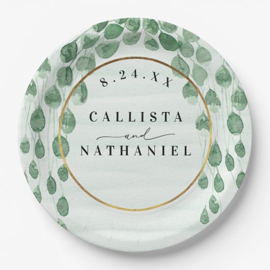 Grüne Eukalyptus Garland Goldmedaille Hochzeit Pappteller (Vorderseite)