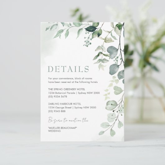 Grüne Eukalyptus-Garten Hochzeitsstimmung Begleitkarte (Stehend Vorderseite)