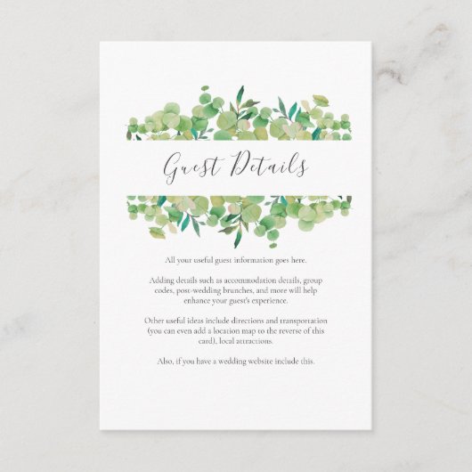 Grüne Eukalyptus Gastinformationen Begleitkarte (Vorderseite)