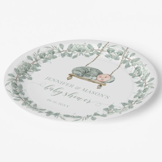 Grüne Eukalyptus Genneutrale Babydusche Pappteller (Schrägansicht)