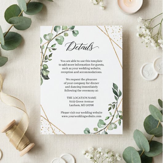 Grüne Eukalyptus Geometric Wedding Details Card