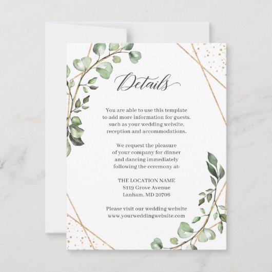 Grüne Eukalyptus Geometric Wedding Details Card (Vorderseite)
