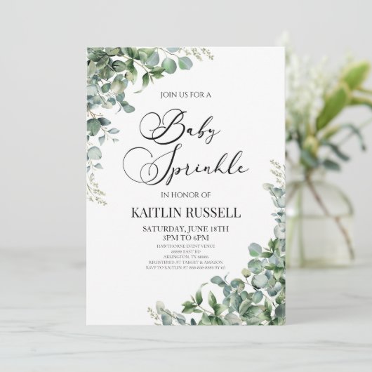 Grüne Eukalyptus Grüne Botanische Babysprinkle Einladung (Stehend Vorderseite)