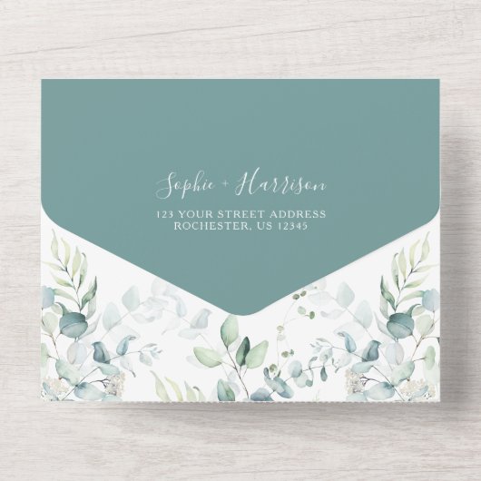 Grüne Eukalyptus-Grüne Hochzeit in einem All In One Einladung (Rückseite)