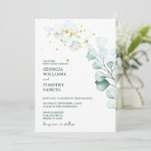 Grüne Eukalyptus-Grüne mit goldenen Glitzern Einladung (Stehend Vorderseite)