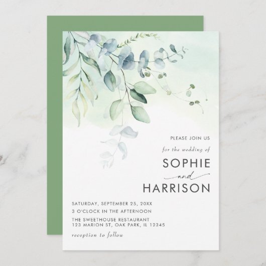 Grüne Eukalyptus-Grünpflanzen auf einer Hochzeit Einladung (Vorne/Hinten)