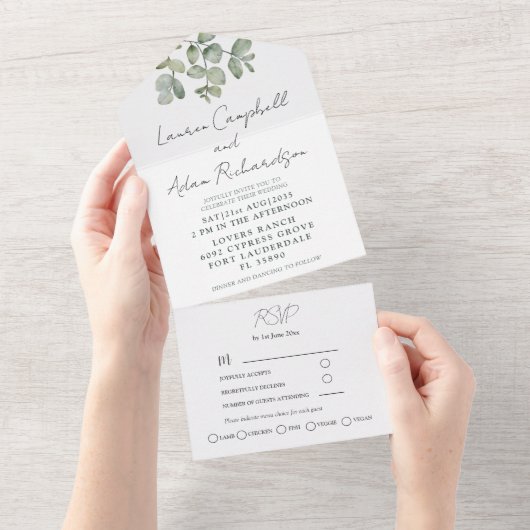 Grüne Eukalyptus-Hochzeit All In One Einladung (Abreißen)