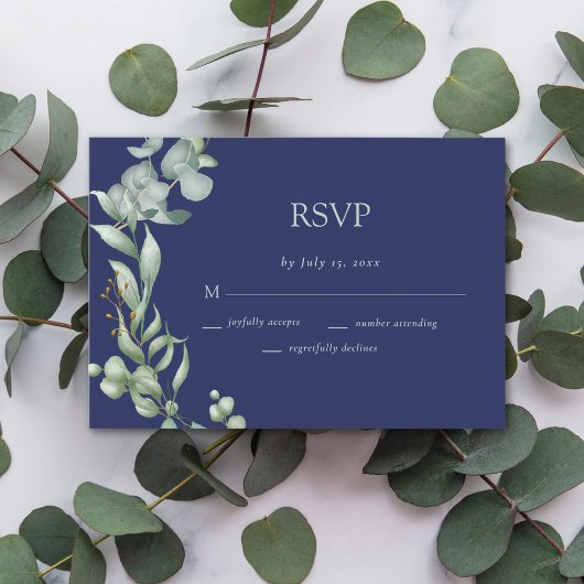 Grüne Eukalyptus-Hochzeit der Marine RSVP Karte
