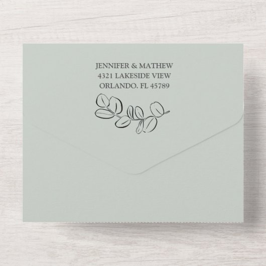 Grüne Eukalyptus-Hochzeit in einer Rustikale All In One Einladung (Rückseite)