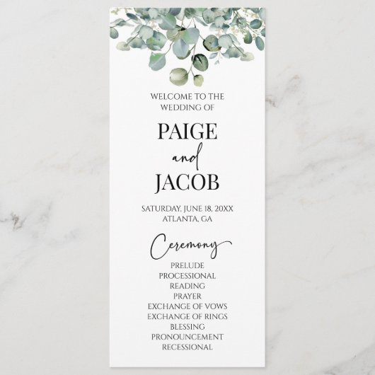 Grüne Eukalyptus-Hochzeit Programm (Vorderseite)