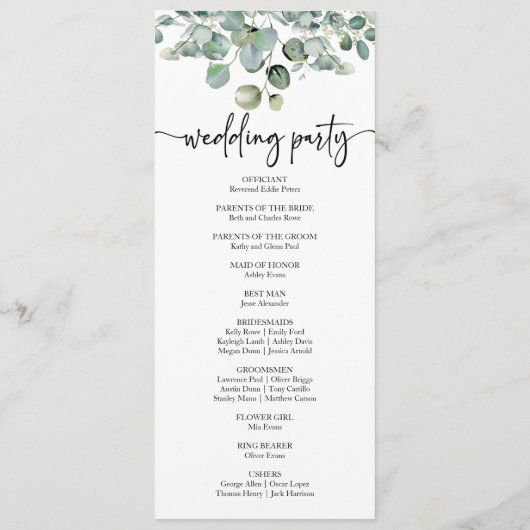 Grüne Eukalyptus-Hochzeit Programm (Rückseite)