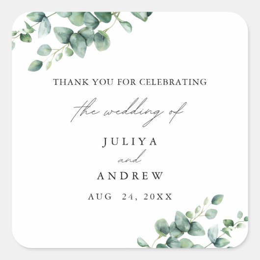 Grüne Eukalyptus-Hochzeit Quadratischer Aufkleber (Vorderseite)