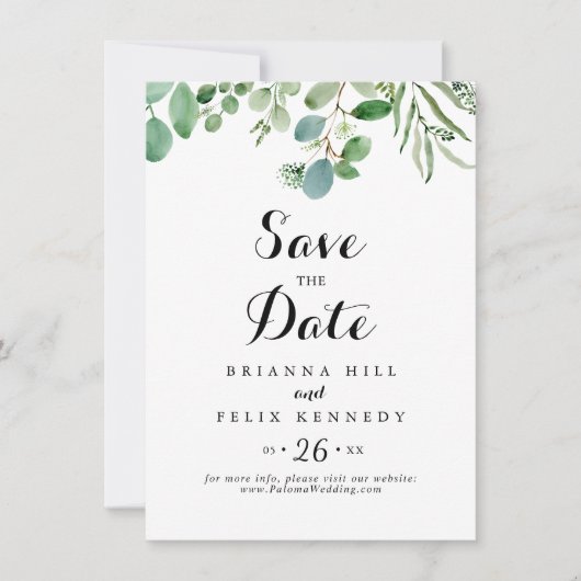 Grüne Eukalyptus-Hochzeit Save The Date (Vorderseite)