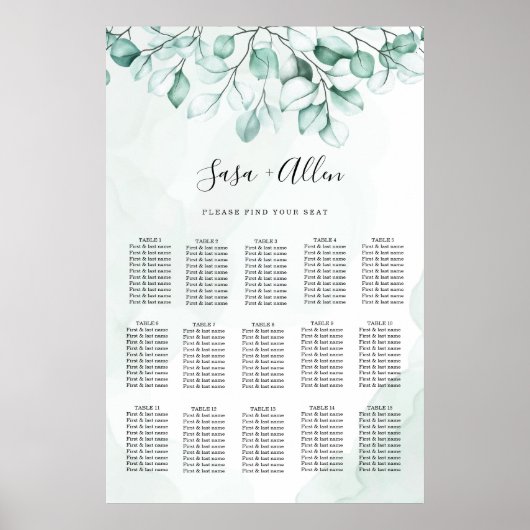Grüne Eukalyptus-Hochzeitstabelle Poster (Vorne)