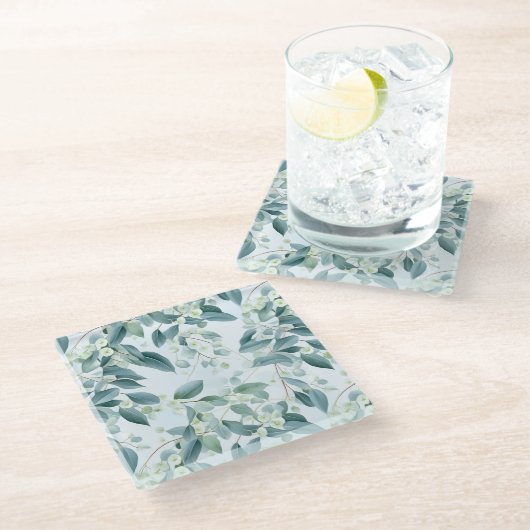 Grüne Eukalyptus im Weichtöner-Stil Glasuntersetzer (Schrägansicht)