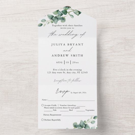 Grüne Eukalyptus in Weißschrift Hochzeit All In One Einladung (Innen Boden)