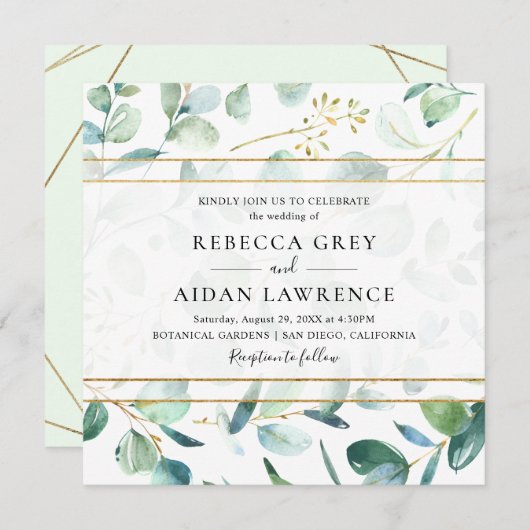 Grüne Eukalyptus mit geometrischem Rahmen Wedding Einladung (Vorne/Hinten)