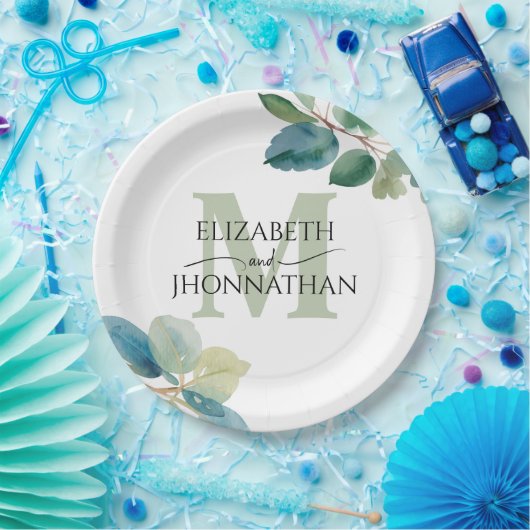 Grüne Eukalyptus mit Monogramm Hochzeit Pappteller (Party)