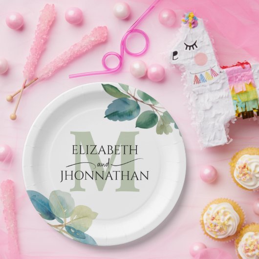 Grüne Eukalyptus mit Monogramm Hochzeit Pappteller (Party)