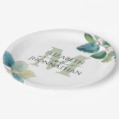 Grüne Eukalyptus mit Monogramm Hochzeit Pappteller (Schrägansicht)