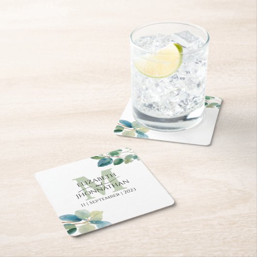 Grüne Eukalyptus mit Monogramm Hochzeit Rechteckiger Pappuntersetzer (Vor Ort)