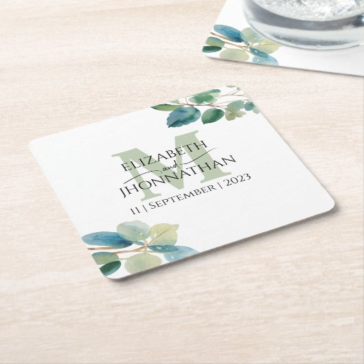 Grüne Eukalyptus mit Monogramm Hochzeit Rechteckiger Pappuntersetzer (angewinkelt)